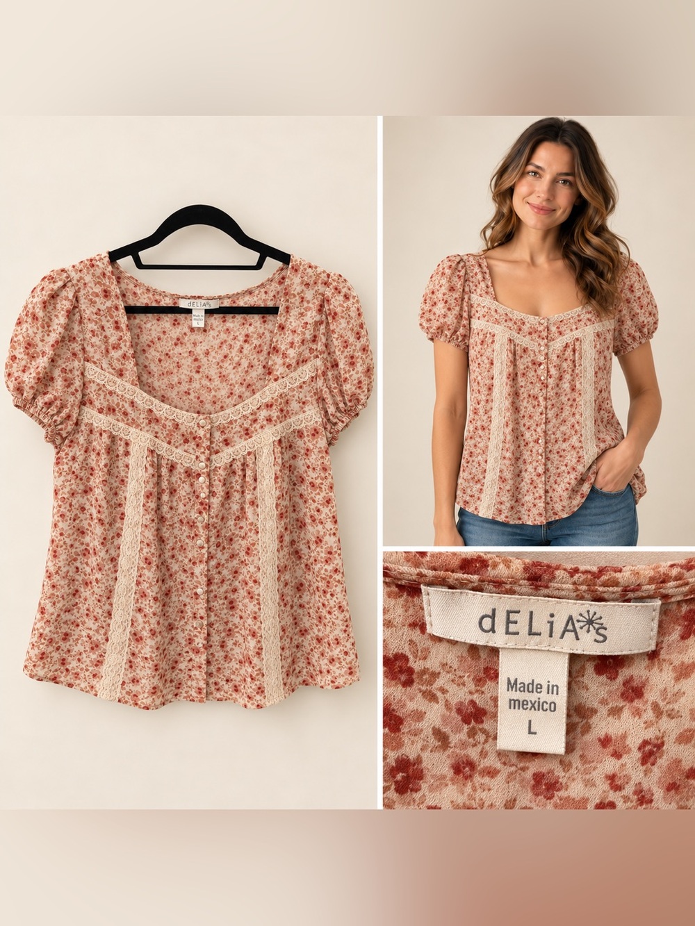 dELiA*s Cream and Rust Floral Lace-Trim Peasant Blouse